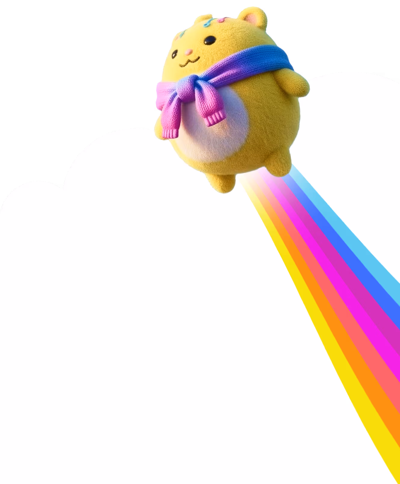 cute yellow 1UP mascot with a scarf flying from a cloud leaving a rainbow trail