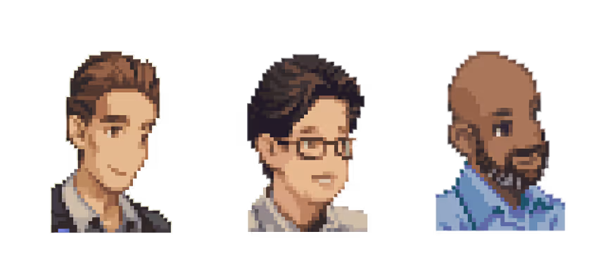 Pixel art avatars of three men: one with brown hair, one with black hair and glasses, and one bald with a beard.