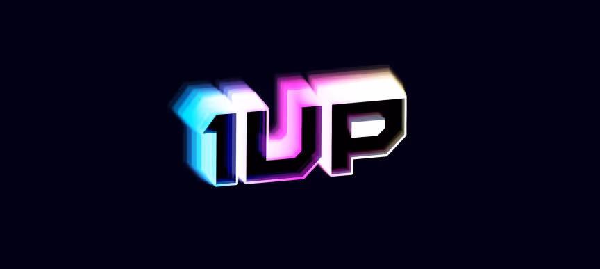 3D stylized text '1UP' with blue and pink neon glow on dark background.