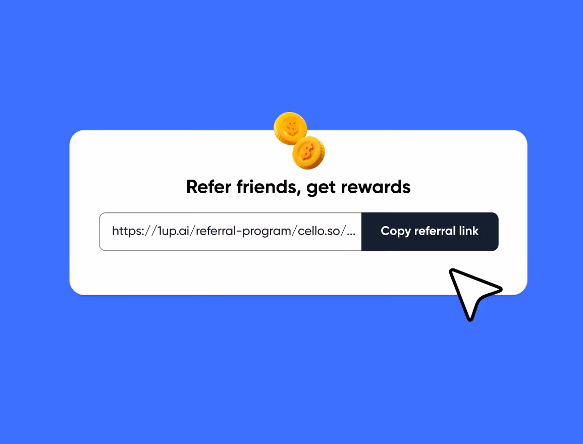 A referral link popup showing "Refer friends, get rewards" with a copy link button and a cursor clicking it.