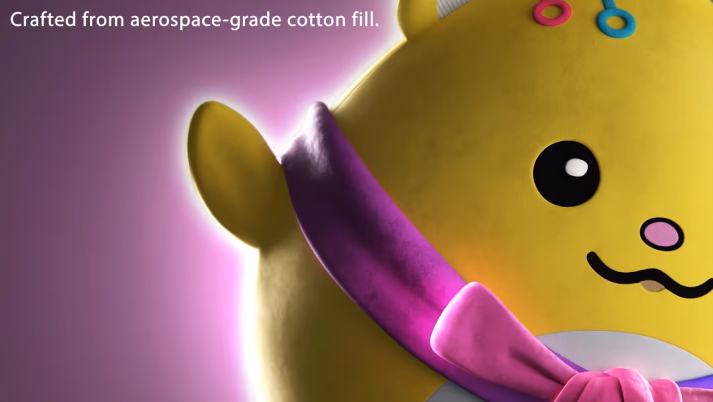 Close-up 3D render of a Plushie with pink arms and colorful details