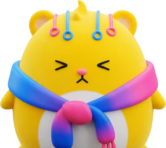 1up mascot Plushie — a cute yellow hamster wearing a colorful knitted scarf