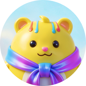 Plush yellow bear with purple and blue scarf and colorful stripes on head against a light background.