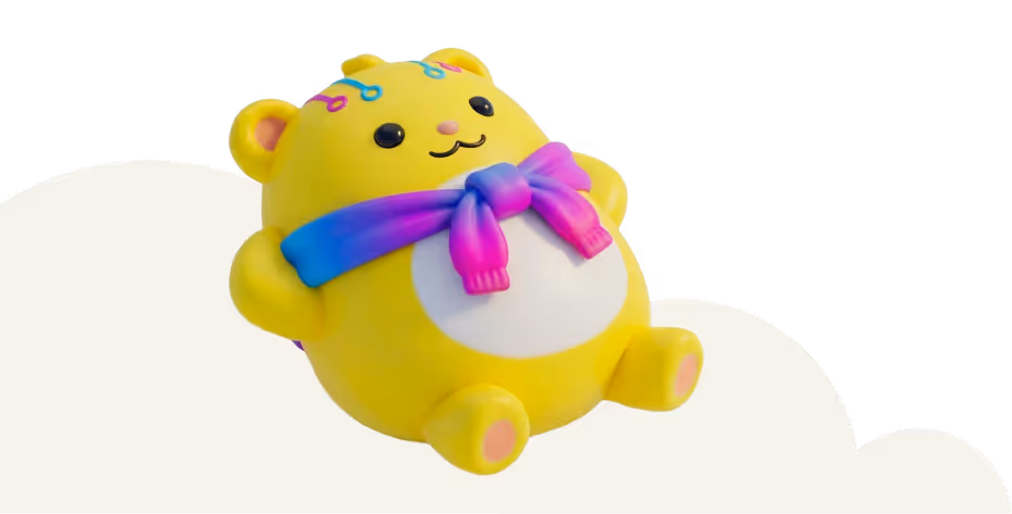 cute yellow 1UP mascot KB laying on the cloud
