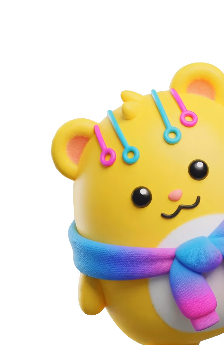1up KB, a cute yellow mascot with colorful hair clips and a blue-purple knitted scarf