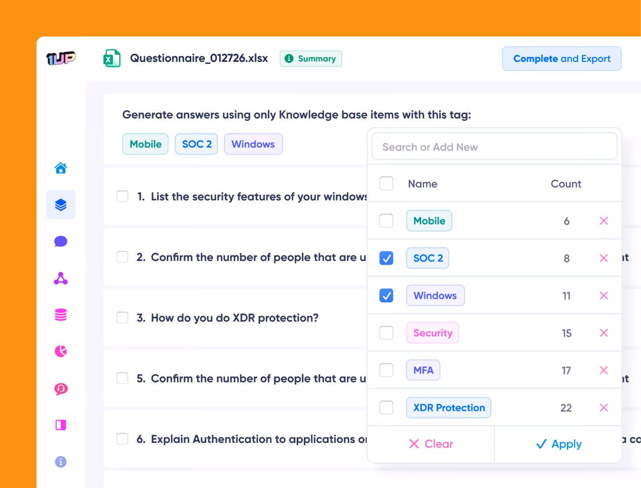 User interface of a questionnaire application filtering answers by tags including Mobile, SOC 2, and Windows, with a tag selection panel showing counts and options to clear or apply.