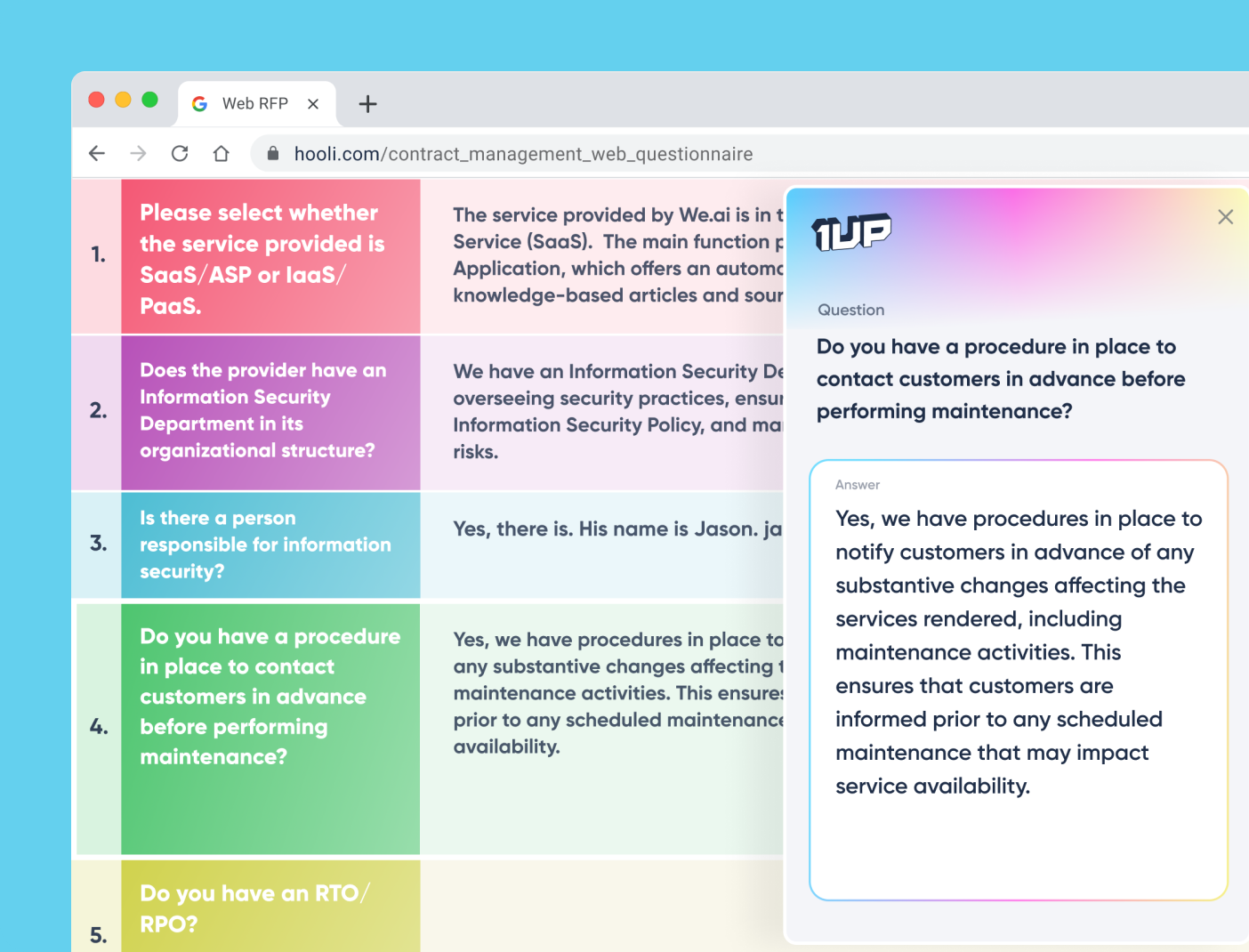 Web browser window showing a Contract Management Web Questionnaire with questions and placeholder answers, and a highlighted question with a detailed answer in a colorful pop-up panel.