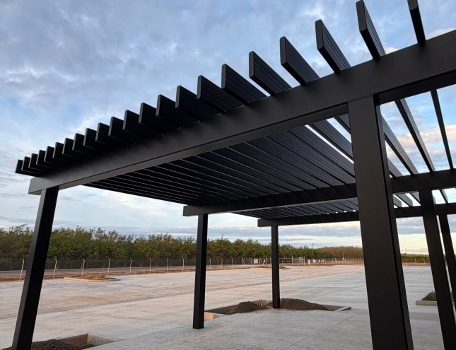 Steel canopy structure installed at Trilogy Paragon project in Tulare County California.