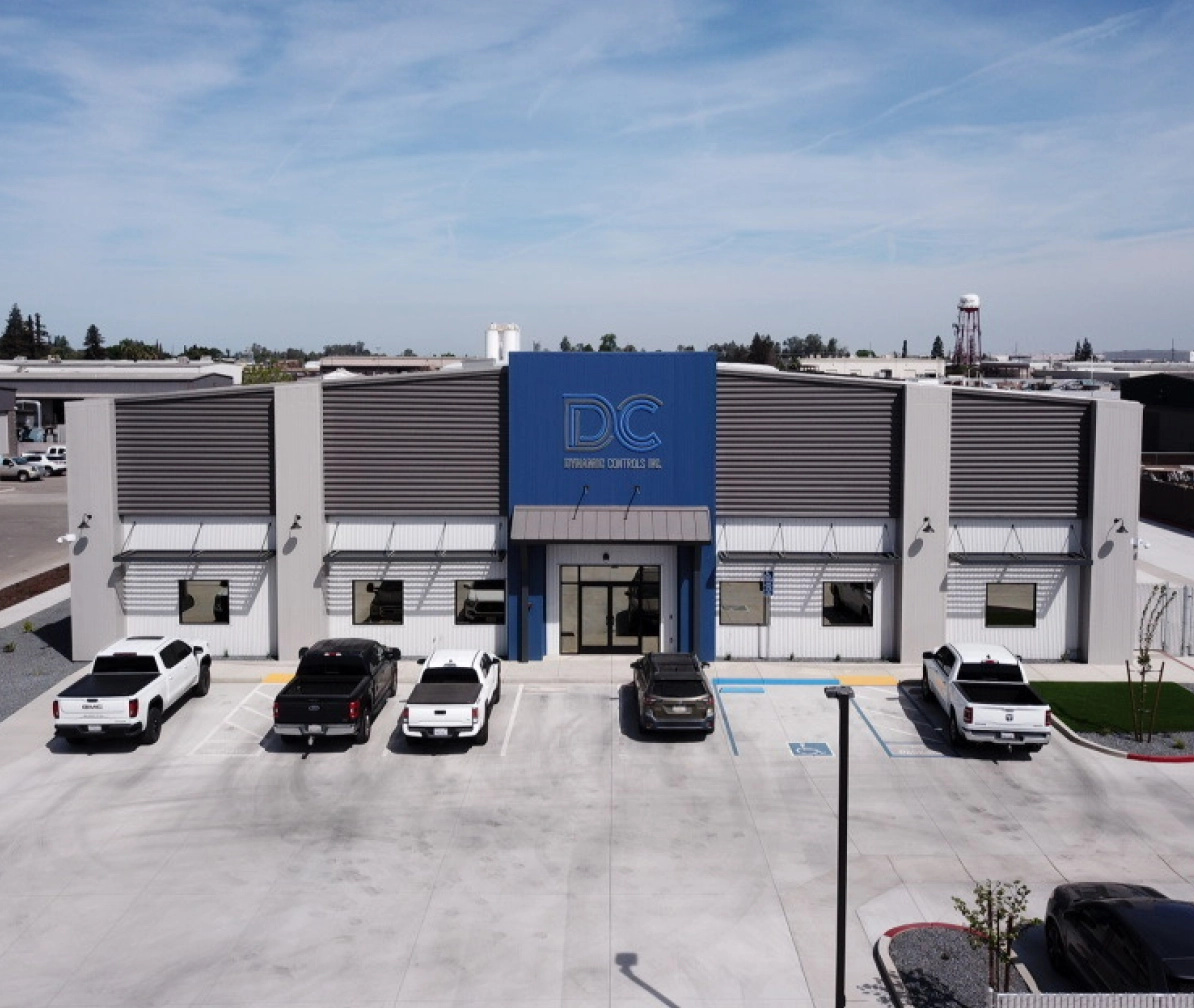 Front exterior of Dynamic Controls commercial building in Visalia California built by Supreme Construction.