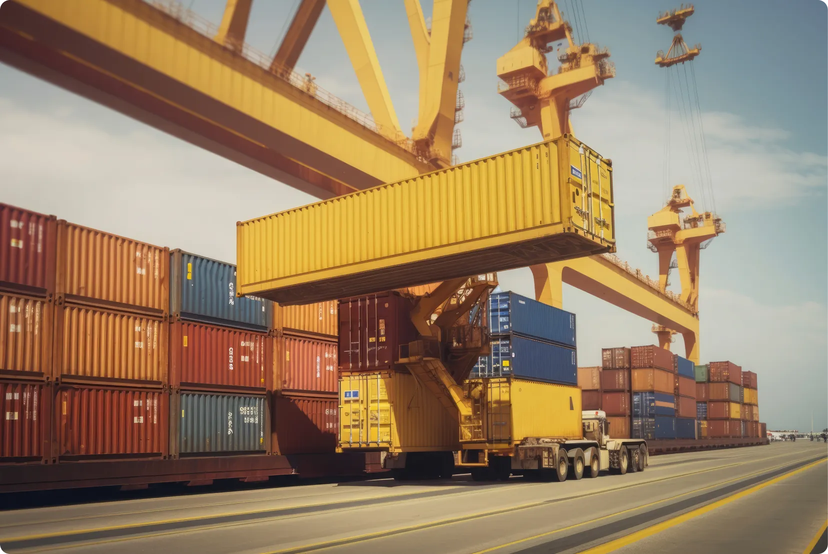 Yellow crane lifting a shipping container at a busy port with stacked containers and a truck nearby.