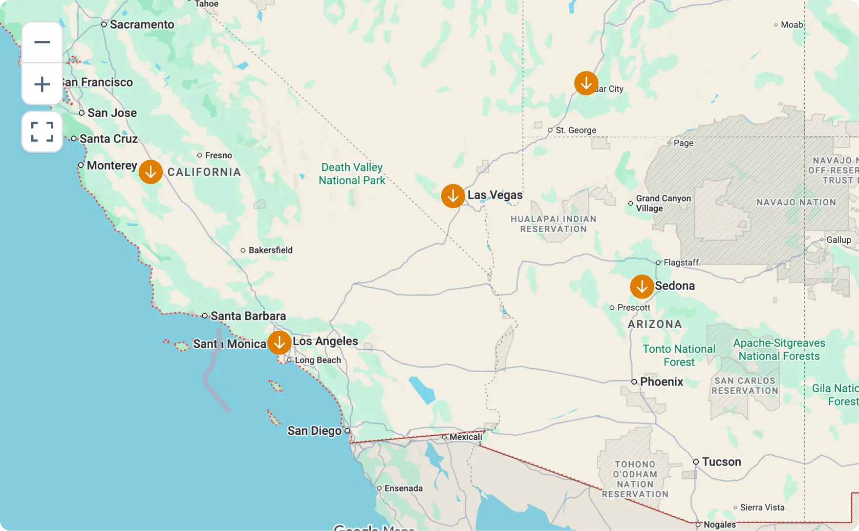 Map showing parts of California, Nevada, and Arizona with marked locations including Monterey, Los Angeles, Las Vegas, Cedar City, and Sedona.