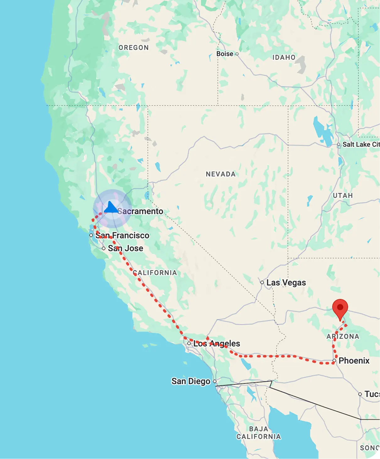 Map showing a dotted red travel route from Sacramento, California to a location in Arizona passing through San Francisco, San Jose, Los Angeles, and Phoenix.