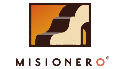 Misionero brand logo featuring a stylized stair-step design in orange, brown, and beige colors.