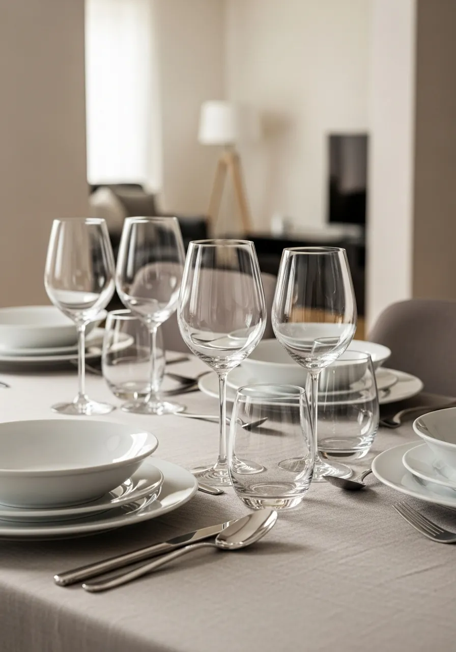 Gedeckter Tisch mit Glaswaren und hochwertigem Besteck