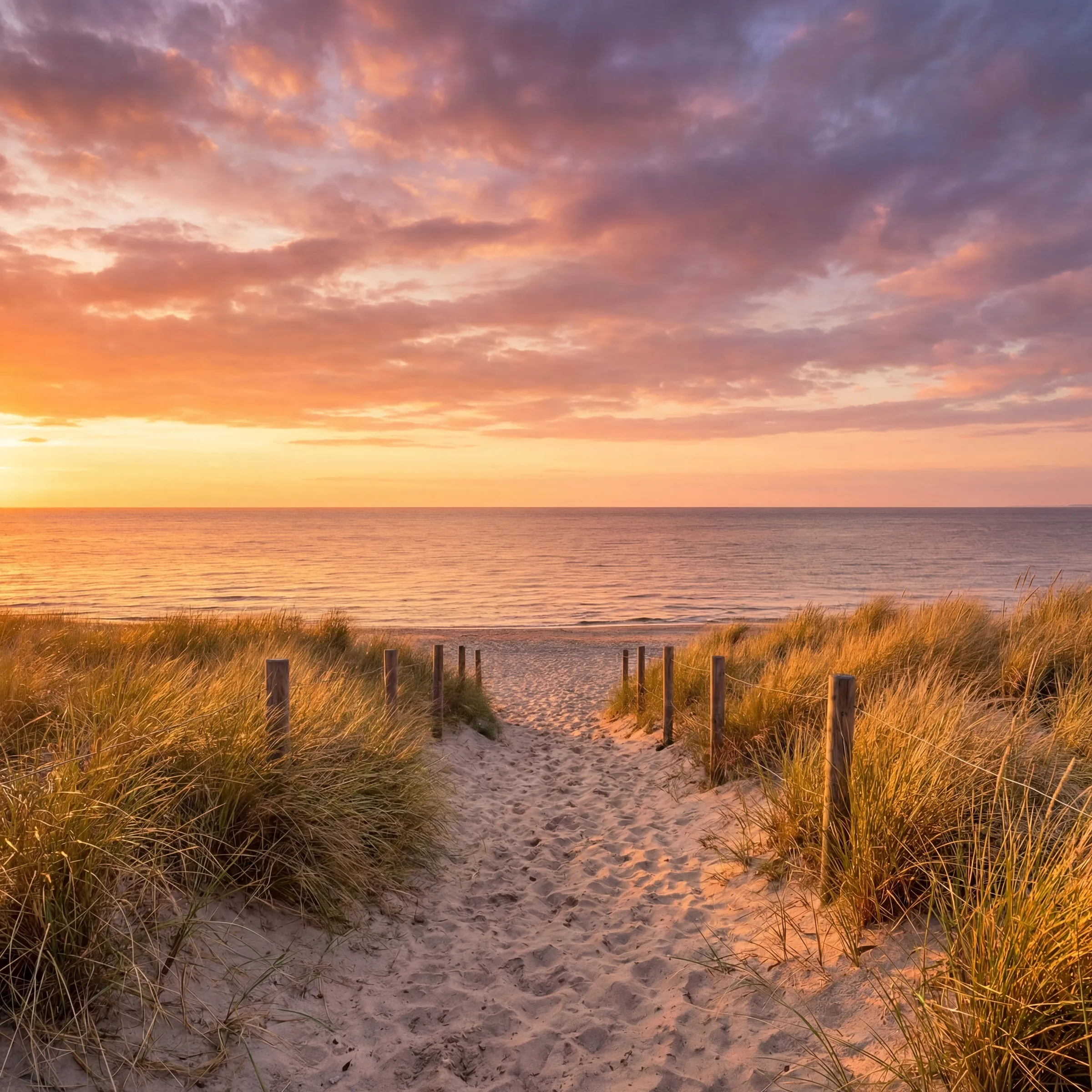 Sanddüne mit Gras und Zaunpfosten führt zu einem Strand mit ruhigem Meer bei Sonnenuntergang.