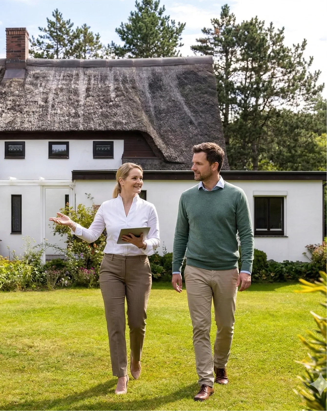 Drei Personen im Gespräch mit einer Frau in Büro, die Dokumente unterschreibt, mit Stempeln und Ausweisen auf dem Tisch.