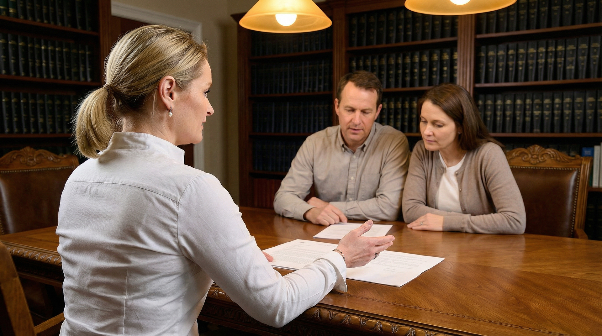 Zwei Paare sitzen an einem Tisch in einem Büro und besprechen Dokumente, wobei eine Frau rechts lächelnd unterschreibt.