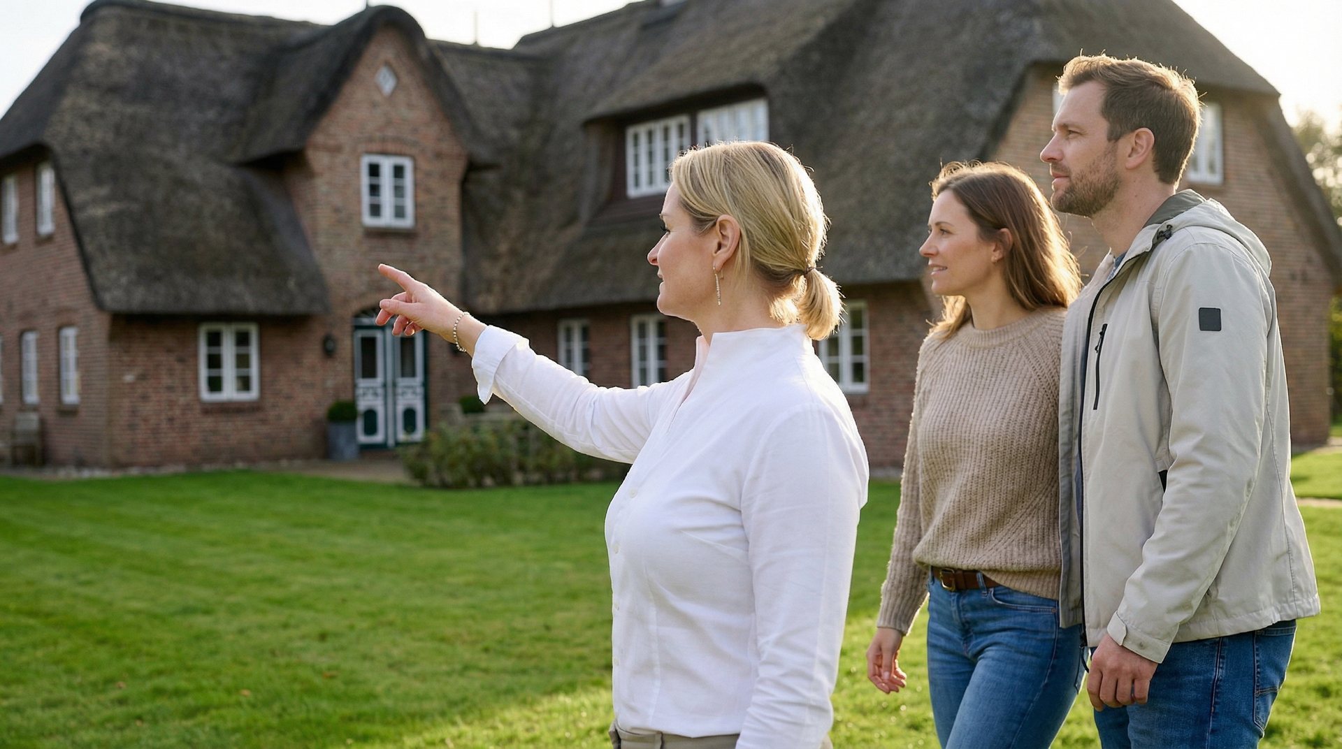 Frau mit Tablet erklärt einem Mann etwas beim Spaziergang auf einem grünen Rasen vor einem weißen Haus mit Reetdach.