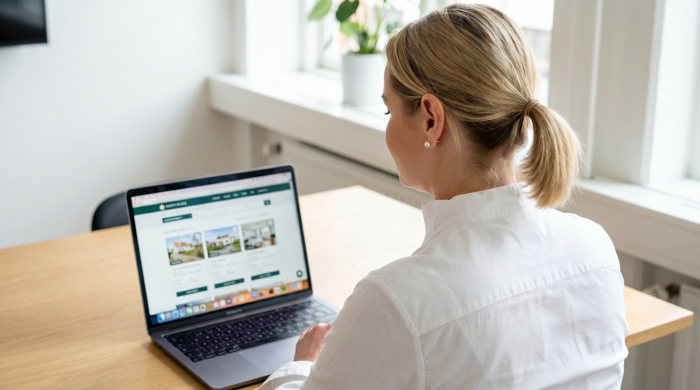 Frau in blauem Pullover unterschreibt ein Dokument an einem Schreibtisch mit Akten, Stempeln und Ordnern im Hintergrund.