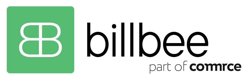 Billbee-Logo mit einem weißen stilisierten BB-Symbol in einem grünen Quadrat und dem Text ‚part of commrce‘ rechts davon.