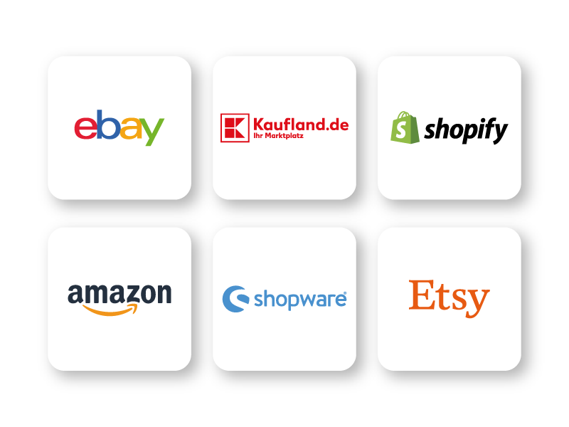 Logos der E-Commerce-Plattformen eBay, Kaufland.de, Shopify, Amazon, Shopware und Etsy auf weißem Hintergrund.