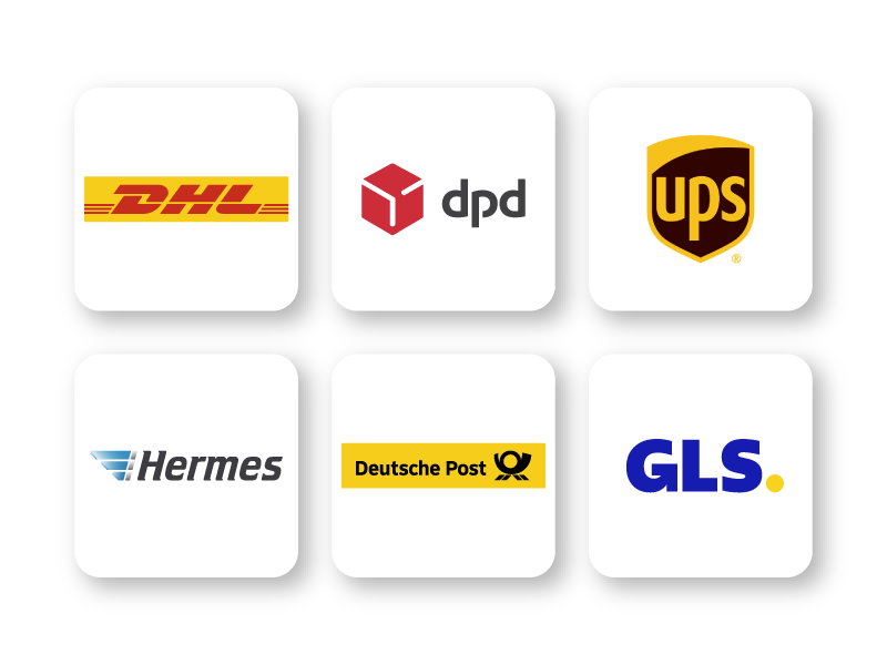 Logos der Versanddienstleister DHL, DPD, UPS, Hermes, Deutsche Post und GLS auf weißem Hintergrund.