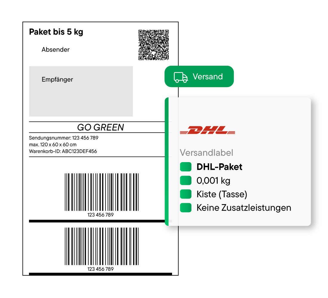 Bildschirm mit DHL-Versandlabel für ein 0,001 kg schweres Paket in einer Kiste (Tasse) ohne Zusatzleistungen.