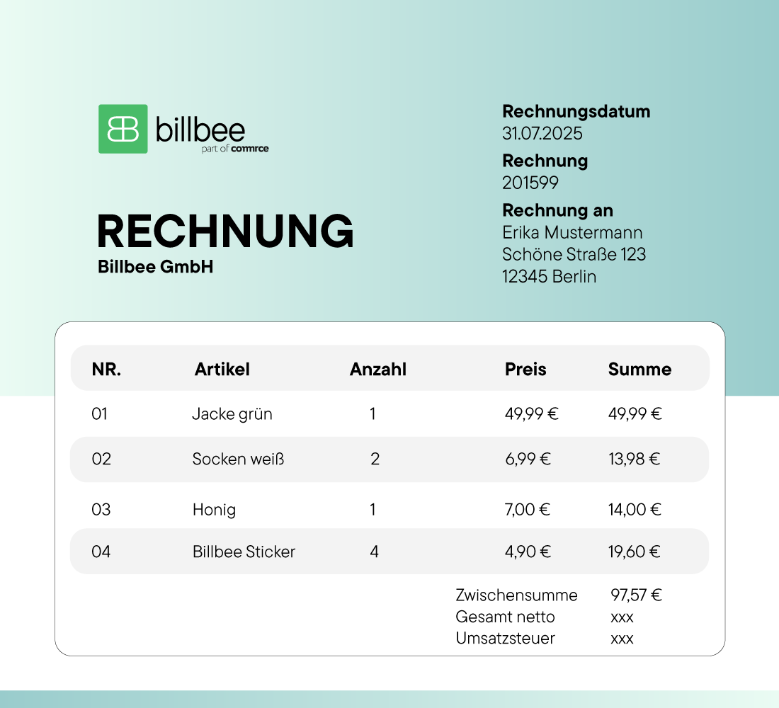 Rechnung von Billbee GmbH an Erika Mustermann mit Artikelübersicht: Jacke grün, Socken weiß, Honig, Billbee Sticker, jeweils mit Menge, Preis und Summe.