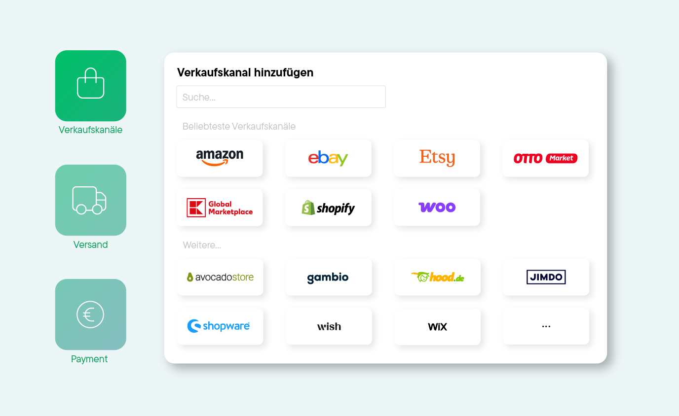 Bildschirmansicht zum Hinzufügen von Verkaufskanälen mit Logos von Amazon, eBay, Etsy, OTTO Market, Global Marketplace, Shopify, Woo, Avocado Store, Gambio, hood.de, Jimdo, Shopware, Wish und Wix.