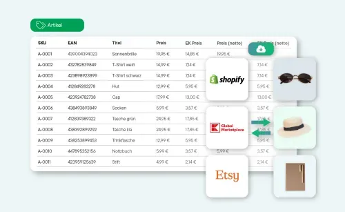 Tabelle mit Produktdaten wie SKU, EAN, Titel und Preisen für Sonnenbrille, T-Shirts, Hut, Cap, Socken, Taschen, Trinkflasche, Notizbuch und Stift, daneben Logos von Shopify, Global Marketplace und Etsy mit Produktbildern von Sonnenbrille, Hut und Notizbuch.