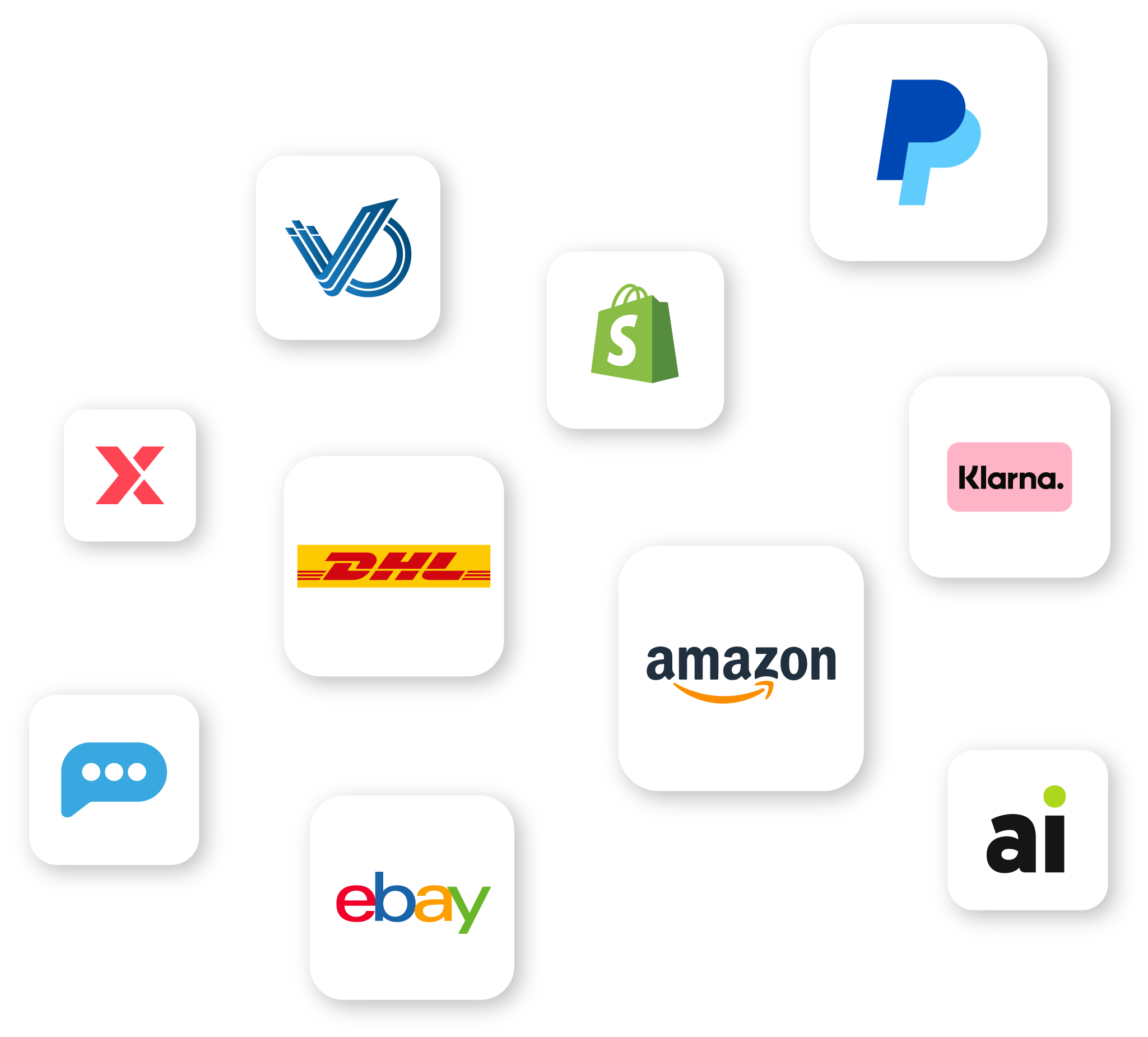 Logos von bekannten Online-Plattformen und Zahlungsdiensten, darunter PayPal, Shopify, Amazon, eBay, DHL, Klarna und weitere.