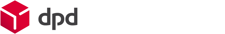 DPD Lieferdienst-Logo mit rotem Würfel und schwarzen Buchstaben.