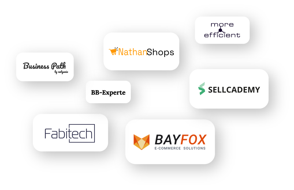 Logos von Business Path, Nathan Shops, more efficient, BB-Experte, SELLCADEMY, Fabitech und BAYFOX E-Commerce Solutions auf schwarzem Hintergrund.