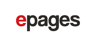 Logo von epages mit rotem Buchstaben „e“ und schwarzem Schriftzug „pages“