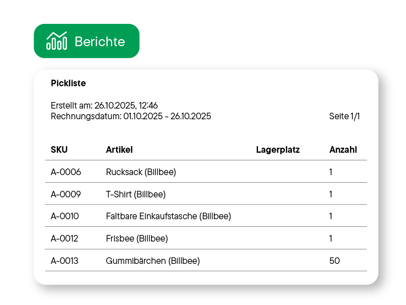 Pickliste mit SKU, Artikel, Lagerplatz und Anzahl von Billbee-Produkten, darunter Rucksack, T-Shirt, faltbare Einkaufstasche, Frisbee und Gummibärchen.