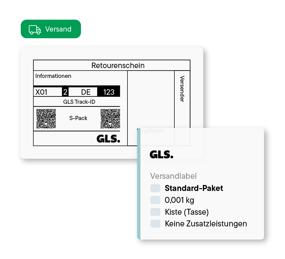 Versandetikett mit GLS-Retourenschein und Details eines Standard-Pakets mit Gewicht 0,001 kg, Kiste (Tasse) und ohne Zusatzleistungen.