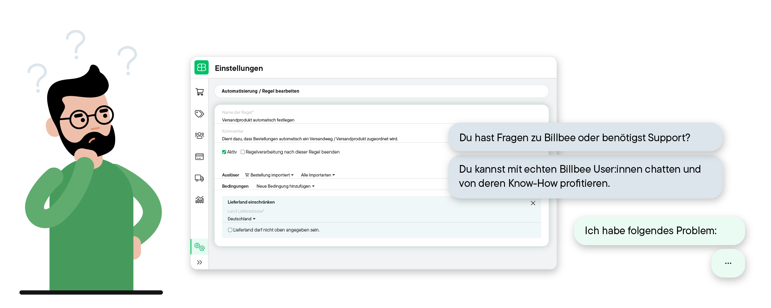 Illustration eines Mannes mit Fragezeichen über dem Kopf neben einem Einstellungen-Fenster zur Versandregel und Chatnachrichten mit Supportangebot in deutscher Sprache.