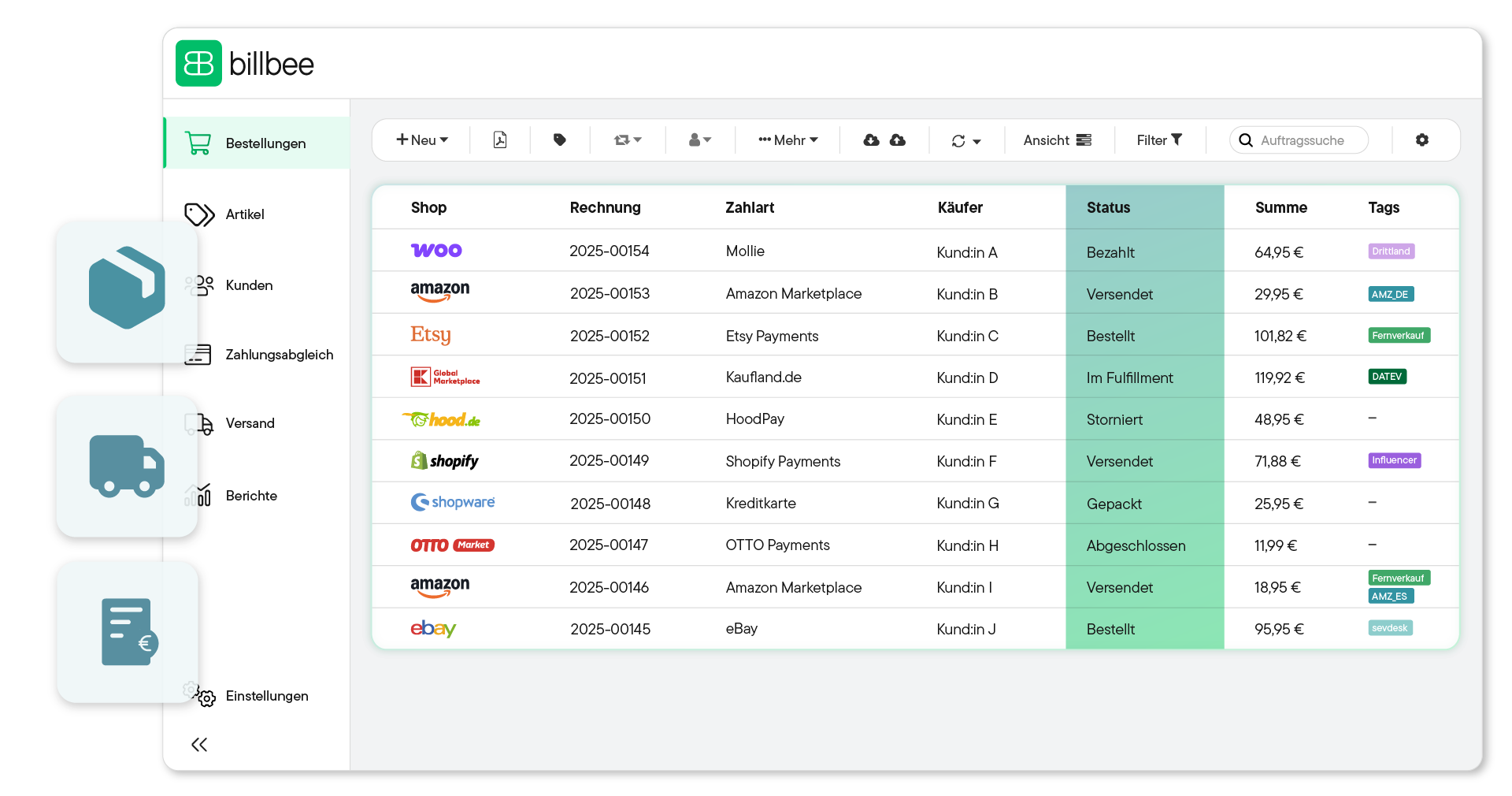 Bestellübersicht in der billbee Software mit Shops, Rechnungsnummern, Zahlarten, Käufern, Bestellstatus, Summen und Tags.