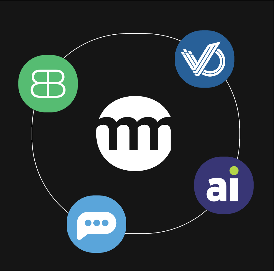 Zentrales weißes Symbol mit geschwungenen Linien, umgeben von vier farbigen kreisförmigen Logos, verbunden durch einen dünnen weißen Kreis auf schwarzem Hintergrund.