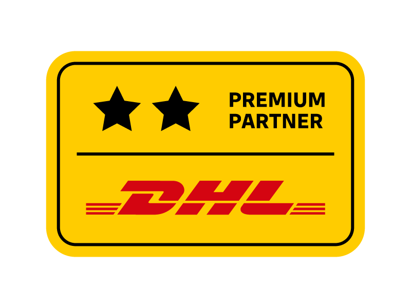 Gelbes Schild mit zwei schwarzen Sternen, dem Text Premium Partner und dem roten DHL-Logo.