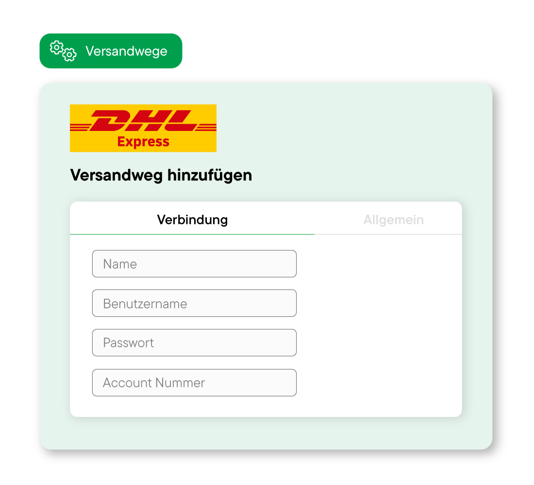 Benutzeroberfläche zum Hinzufügen eines Versandwegs mit DHL Express-Logo und Feldern für Name, Benutzername, Passwort und Account Nummer.