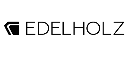 Logo des Schriftzugs EDELHOLZ mit stilisiertem Baumblatt-Symbol links.