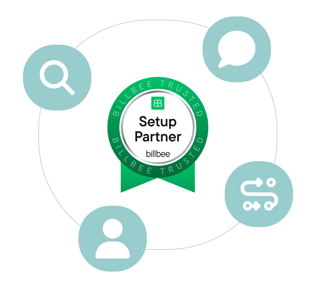 Grünes Abzeichen mit der Aufschrift Setup Partner billbee Premium, umgeben von Symbolen für Suche, Kommunikation, Person und Workflow.