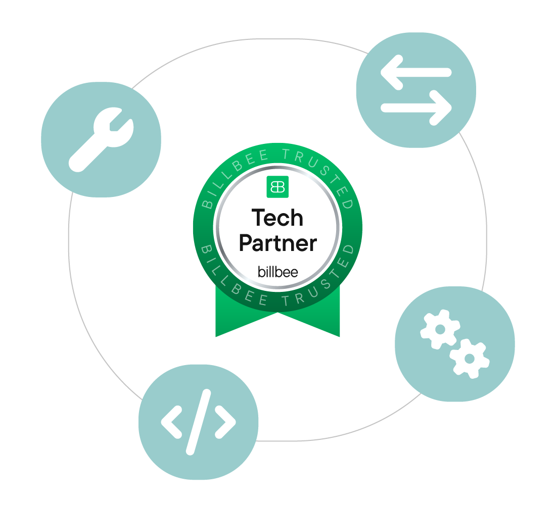 Grünes Tech-Partner-Badge von Billbee Premium umgeben von vier Symbolen: Schraubenschlüssel, bidirektionale Pfeile, Zahnräder und Codezeichen.