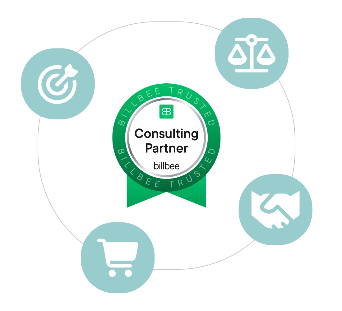 Grünes Abzeichen mit der Aufschrift ‚Consulting Partner billbee‘, umgeben von Symbolen für Zielscheibe, Waage, Händedruck und Einkaufwagen.