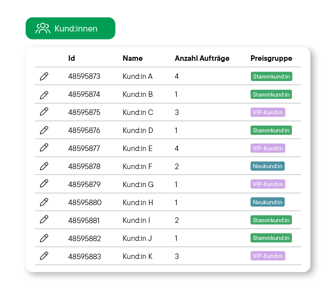 Tabelle mit Kundendaten, zeigt Id, Name, Anzahl Aufträge und Preisgruppe mit Kategorien Stammkund:in, VIP-Kund:in und Neukund:in.