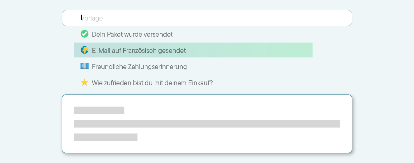 Suchfeld mit Auswahl mehrerer Nachrichtenstatus: Paket versendet, E-Mail auf Französisch gesendet, freundliche Zahlungserinnerung und Kundenzufriedenheitsfrage.