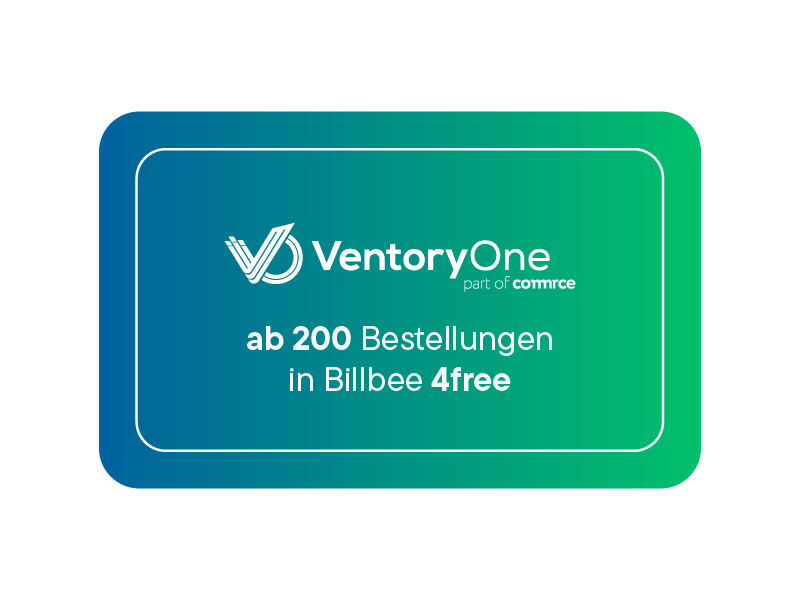 Ventory One Logo mit Text: ab 200 Bestellungen in Billbee 4free vor blau-grünem Verlaufshintergrund.