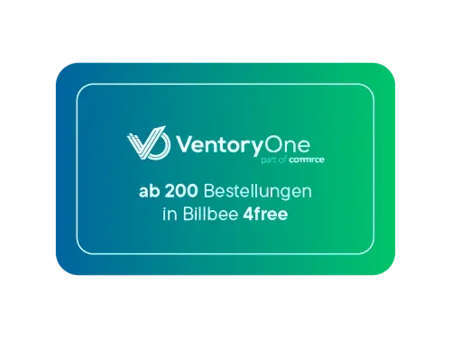 Ventory One Logo mit Text: ab 200 Bestellungen in Billbee 4free vor blau-grünem Verlaufshintergrund.