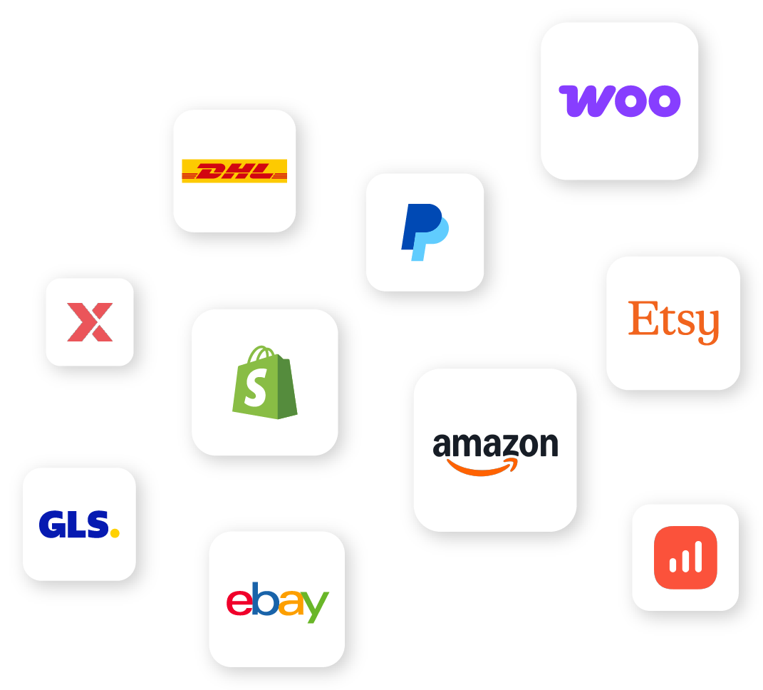 Logos von bekannten E-Commerce- und Versanddienstleistern, darunter Amazon, eBay, Etsy, Shopify, DHL, GLS, PayPal, WooCommerce und weitere.